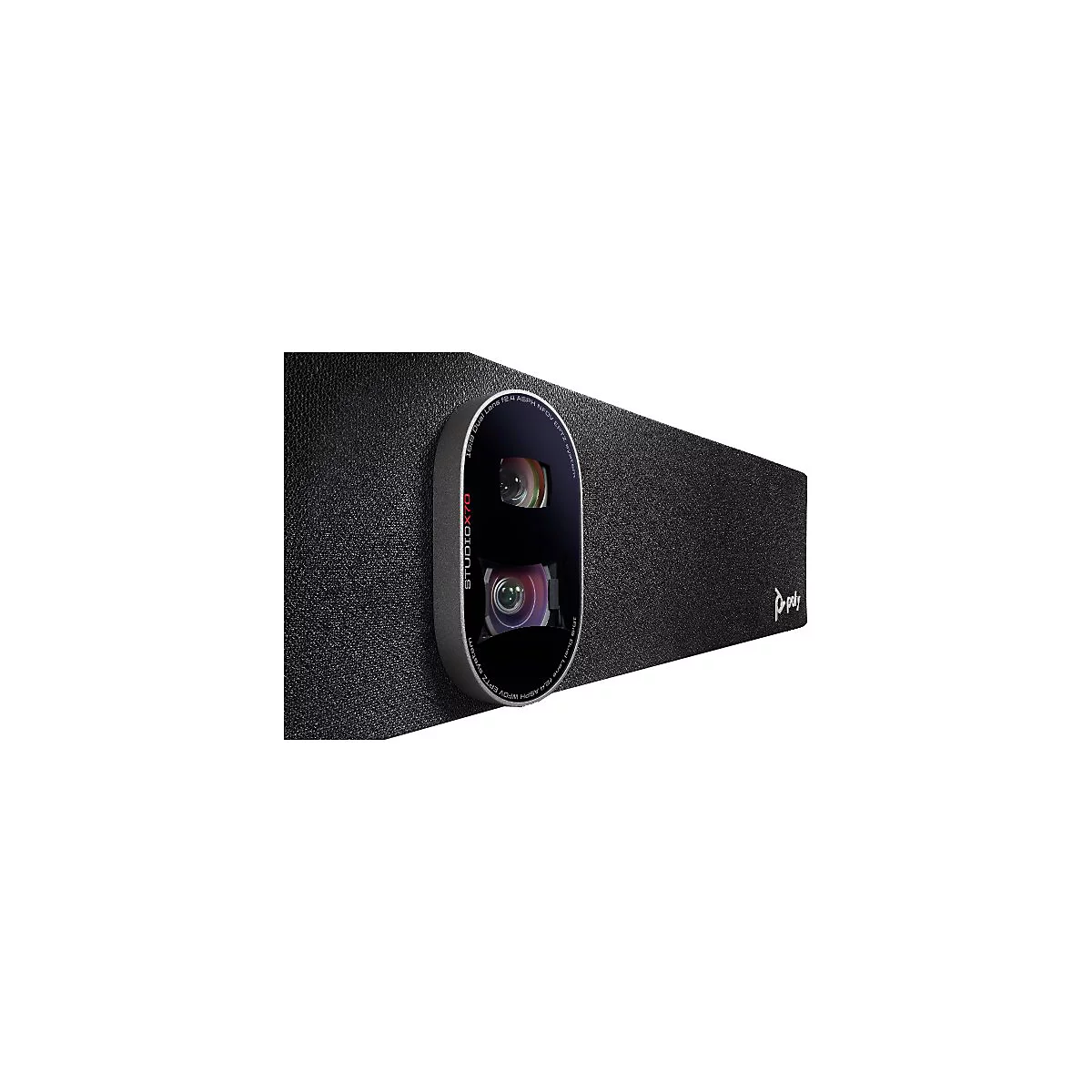 Nahaufnahme der Poly Studio X70 Videokonferenz-Kamera mit zwei Objektiven auf schwarzem Textilgehäuse.