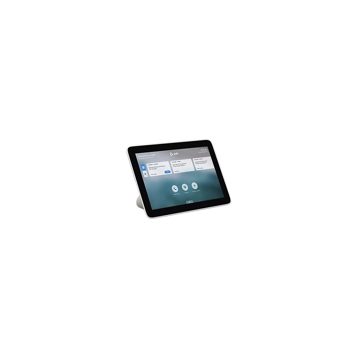 Poly Touch-Controller auf weißem Hintergrund zeigt eine Meeting-Planungs-Oberfläche mit Zeitplänen und Steuerungsoptionen.