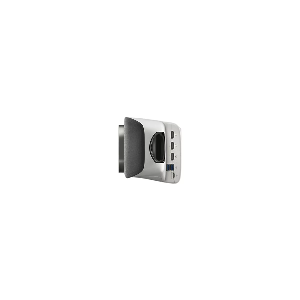 Seitliche Ansicht einer silbernen Dockingstation mit diversen Anschlüssen, darunter USB und HDMI.