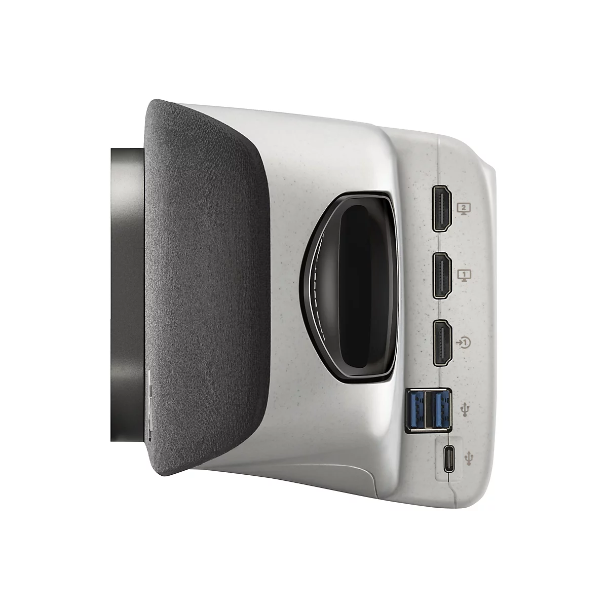 Nahaufnahme eines VR-Headsets. Die linke Seite ist schwarz, die rechte weiß mit Anschlüssen.