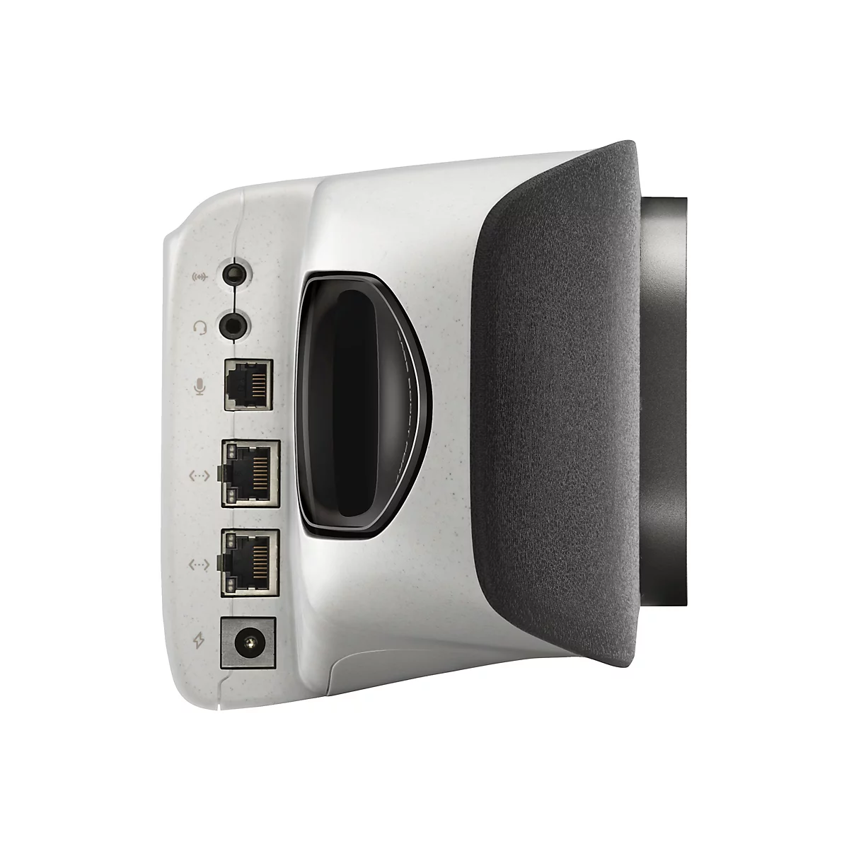 Ein weißes technisches Gerät, seitlich gesehen, mit verschiedenen Anschlüssen und einer schwarzen Oberfläche.