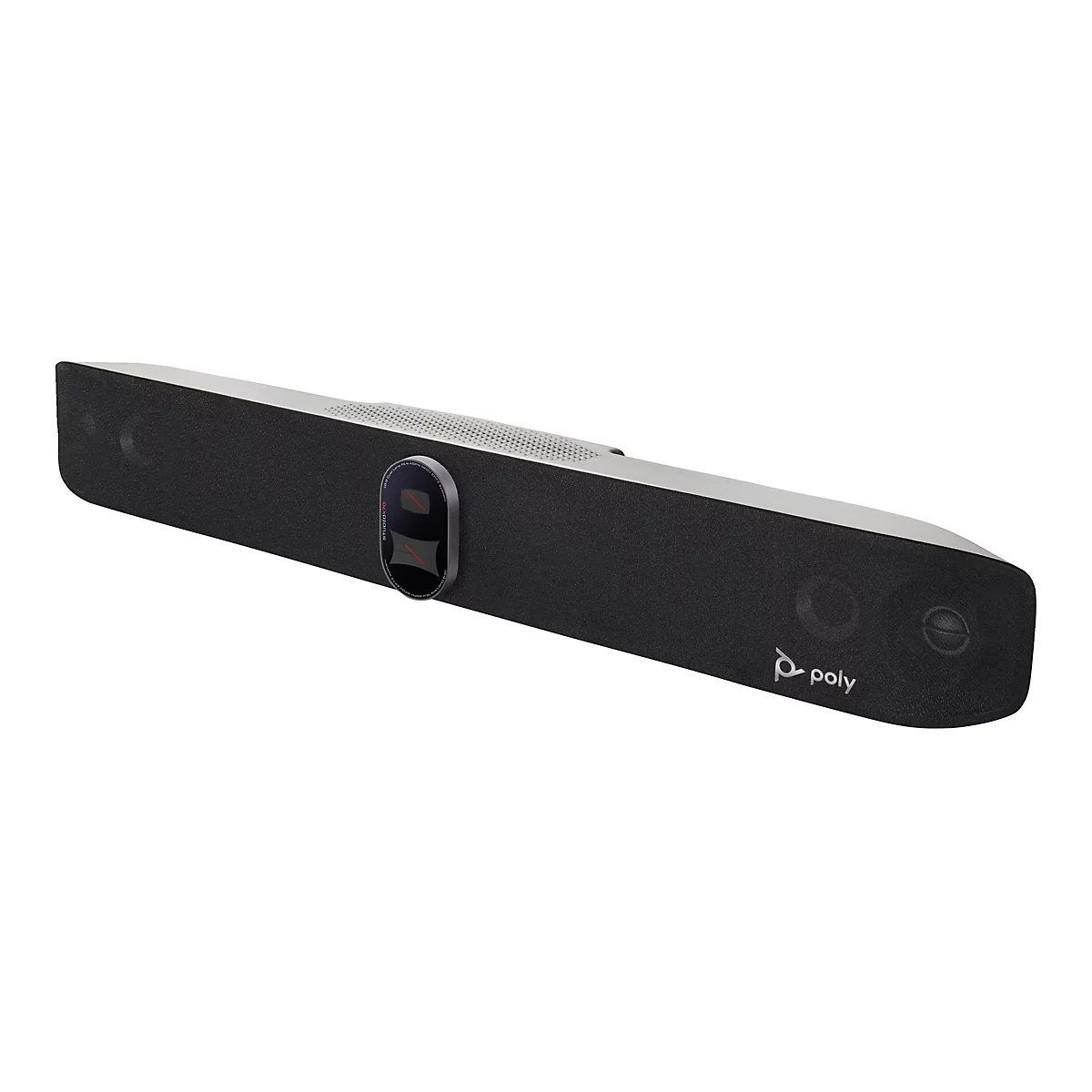 Videokonferenzsystem mit schwarzem Stoff, silberner Oberseite und Kamera.