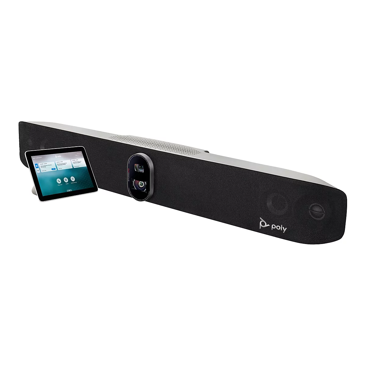 Ein schwarzes Poly Studio X70 Videokonferenzsystem mit einem Display. Es gibt eine Kamera mit zwei Linsen und ein separates Touch-Display, das leicht angewinkelt ist.