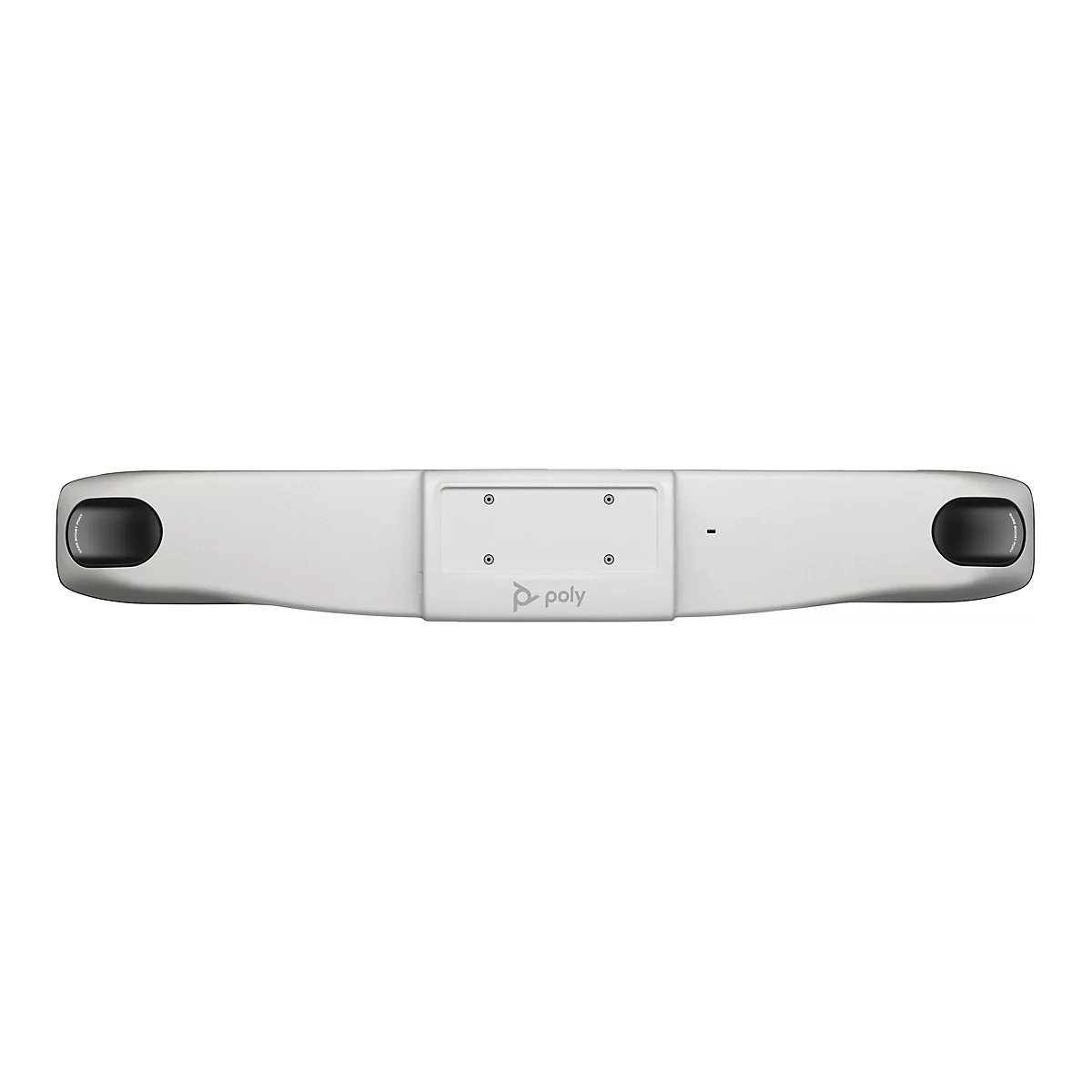 Graue Soundbar mit Poly-Logo und Löchern für Anschlüsse. An den Enden runde Vertiefungen.