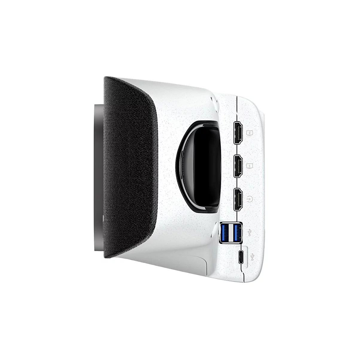 Weißer, getupfter Adapter, seitlich, mit HDMI- und USB-Anschlüssen.
