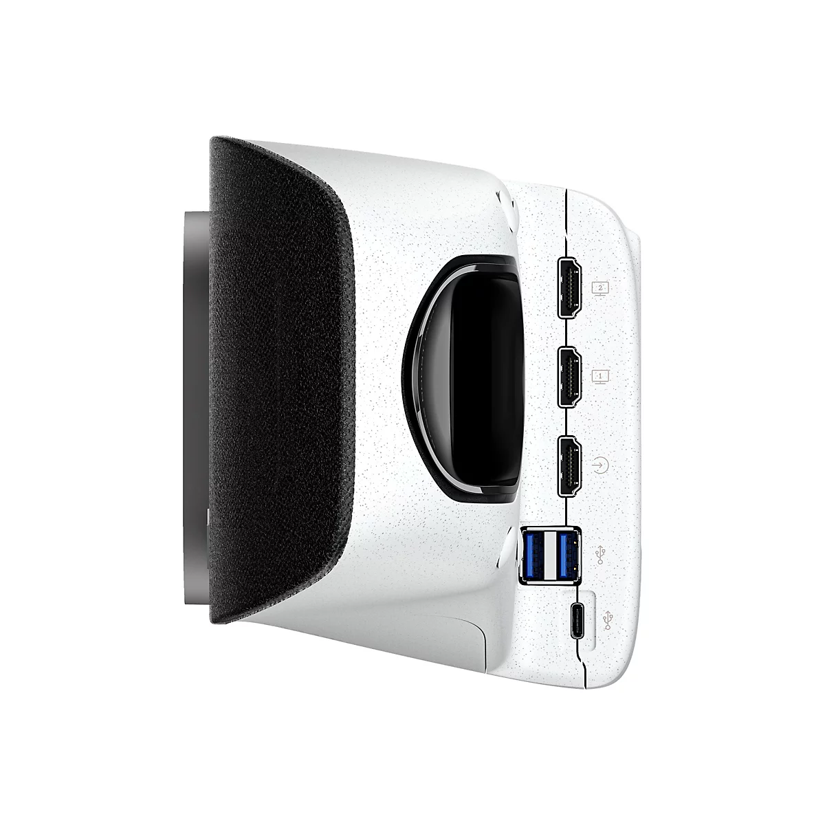 Weißes Gerät, seitlich gesehen, mit Anschlüssen für HDMI, USB und Strom.