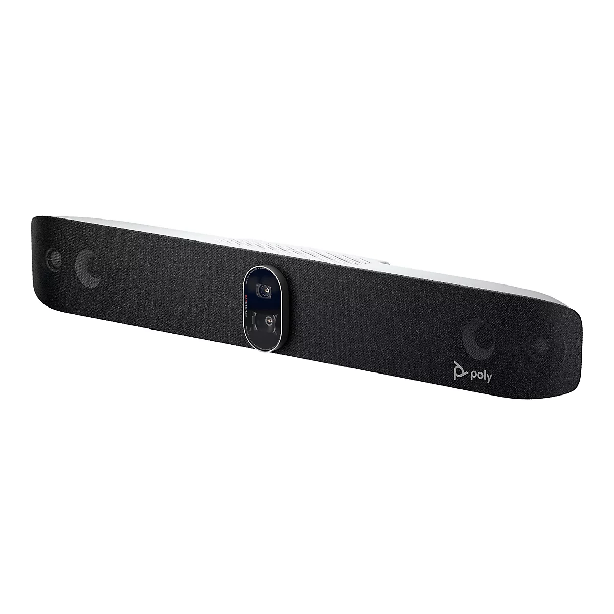 Langgestreckte schwarze Videokonferenzleiste mit Kamera und Mikrofonen; silberne Oberseite, Logo 'poly'.