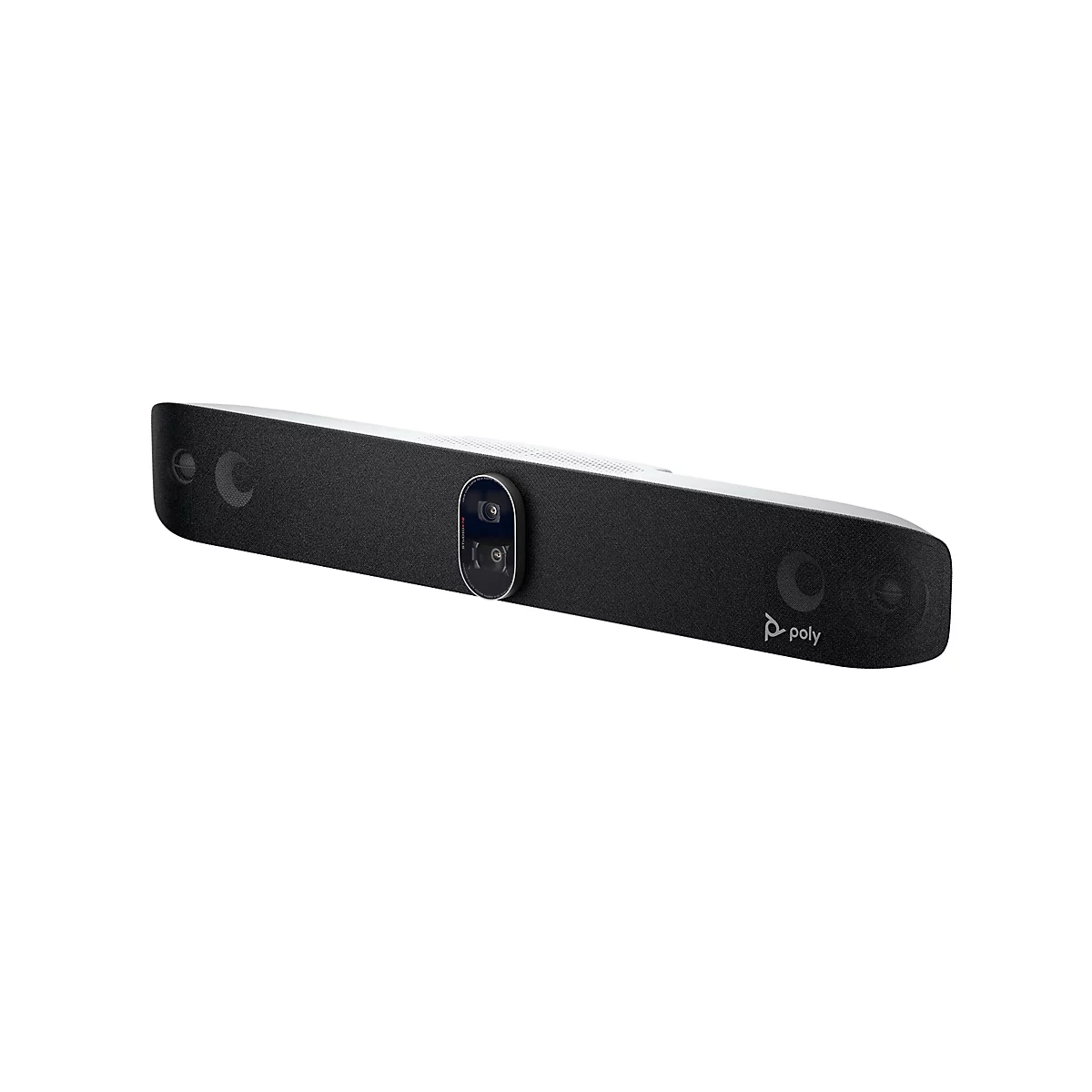 Ein schwarzes Poly Studio X70, eine Videobar, liegt diagonal vor weißem Hintergrund. Auf der Front sind Kamera, Mikrofon und Lautsprecher angebracht.