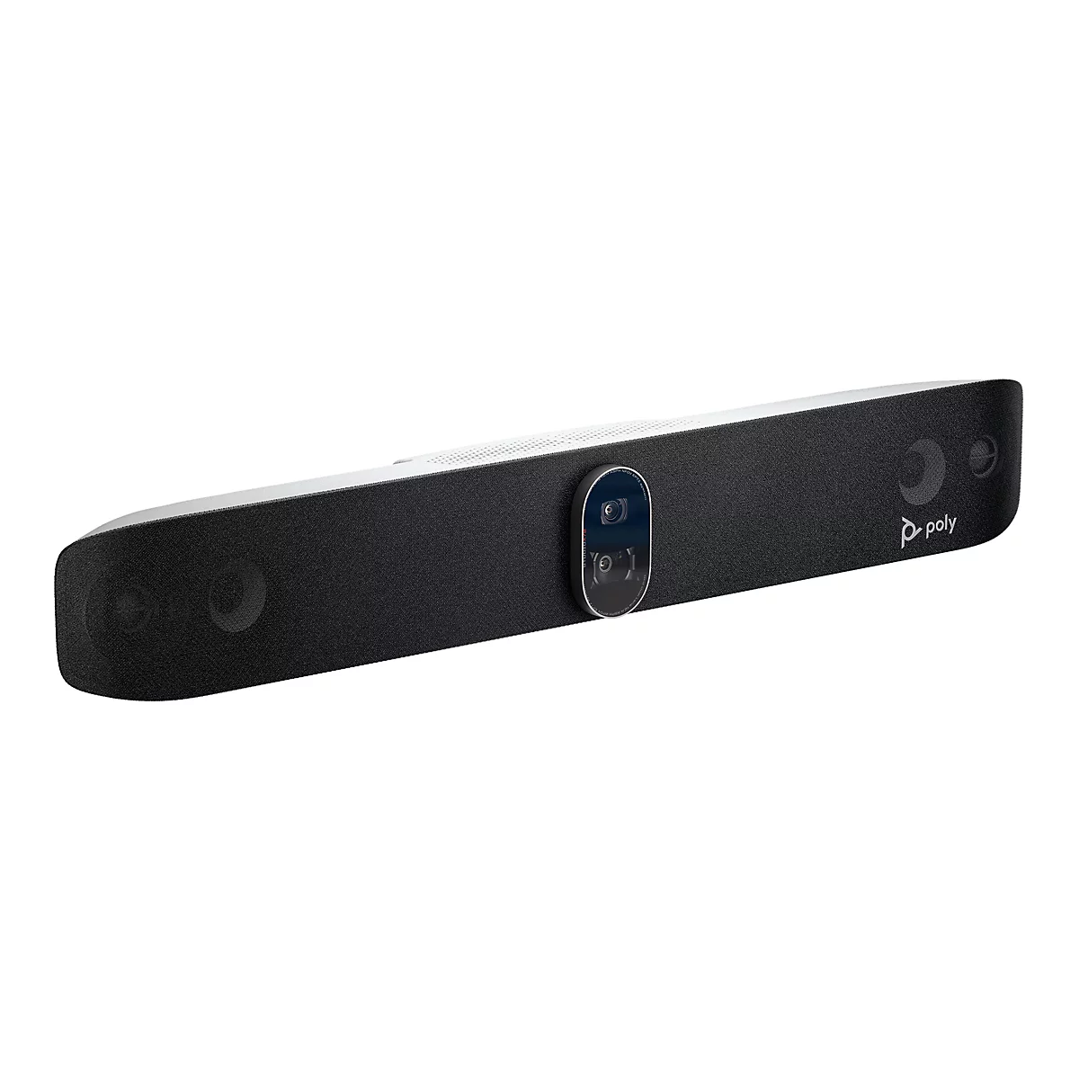 Schwarze Videokonferenz-Soundbar von Poly, mit Kamera und Lautsprechern, vor weißem Hintergrund.