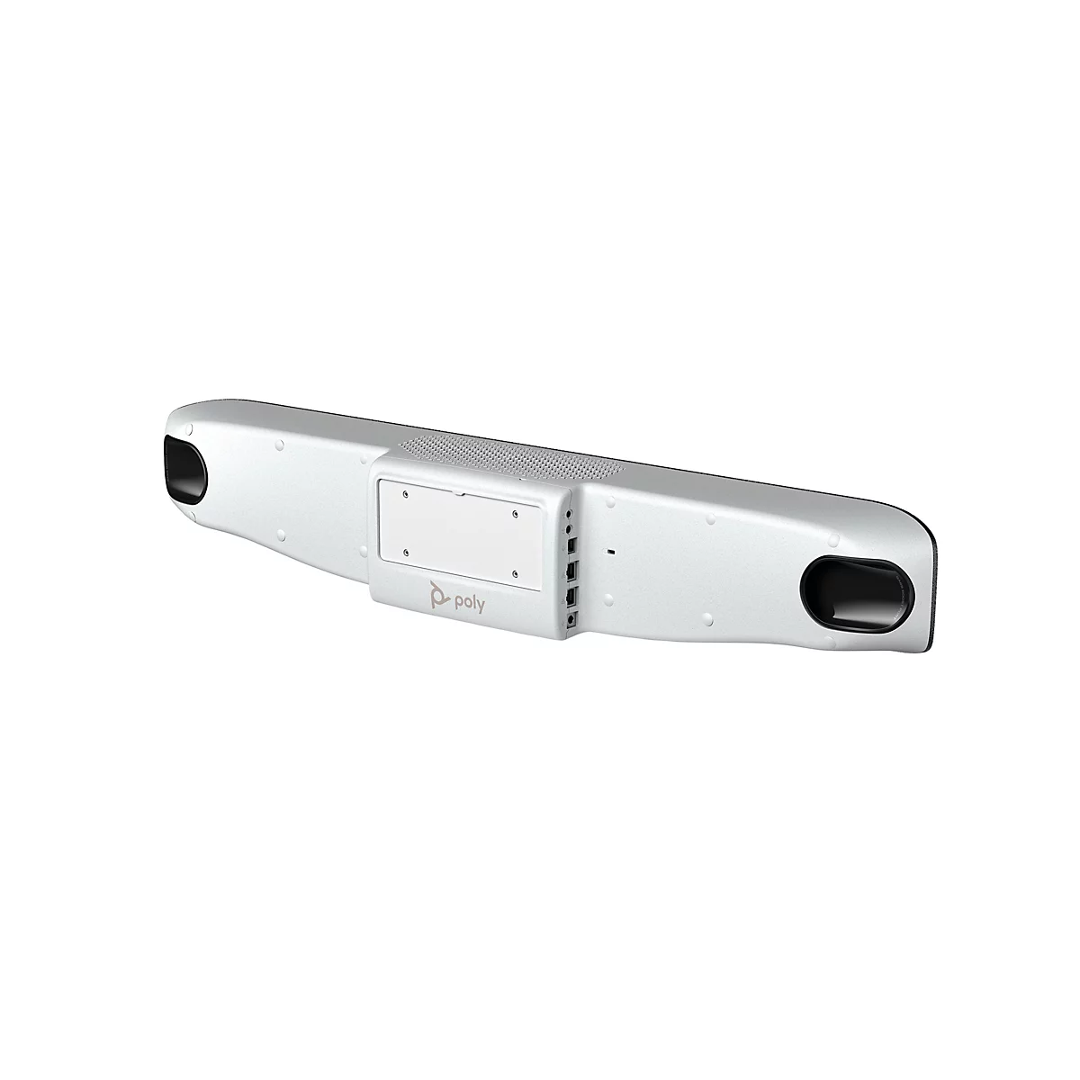 Weißes Soundbar mit Poly-Logo, ovalen Enden und dunklen Öffnungen. Rückseite mit Anschlüssen.