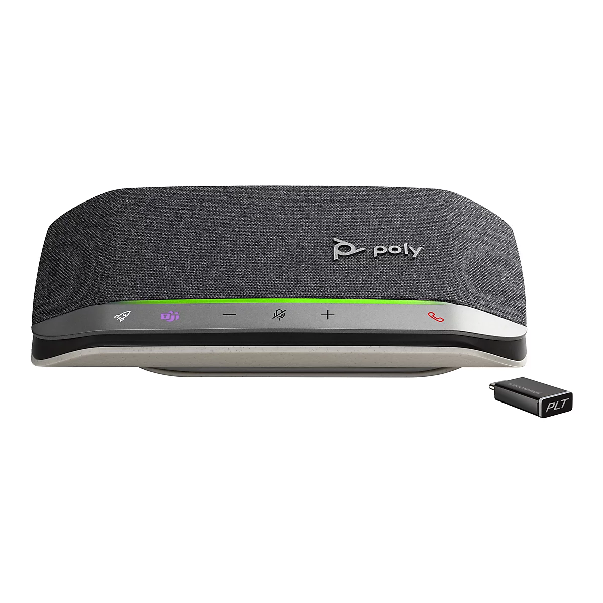 Ein schwarzer Lautsprecher mit Poly-Logo und Bedienknöpfen. Dazu ein schwarzer USB-Dongle mit PLT-Schriftzug.