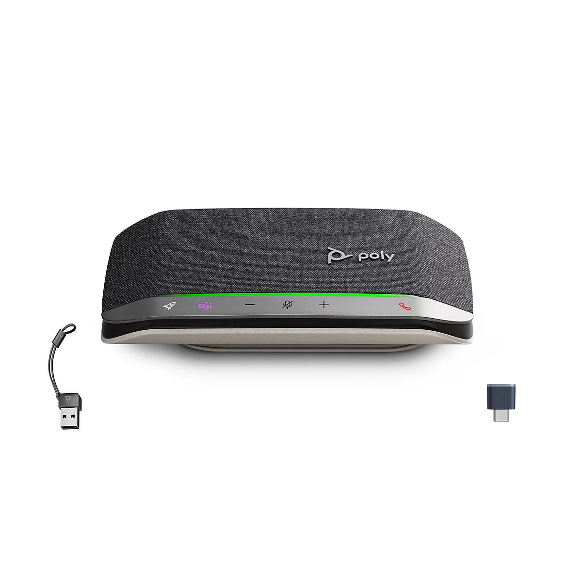 Draufsicht auf ein schwarzes Lautsprechersystem mit Poly-Logo, Knöpfen und mitgeliefertem USB-Adapter.