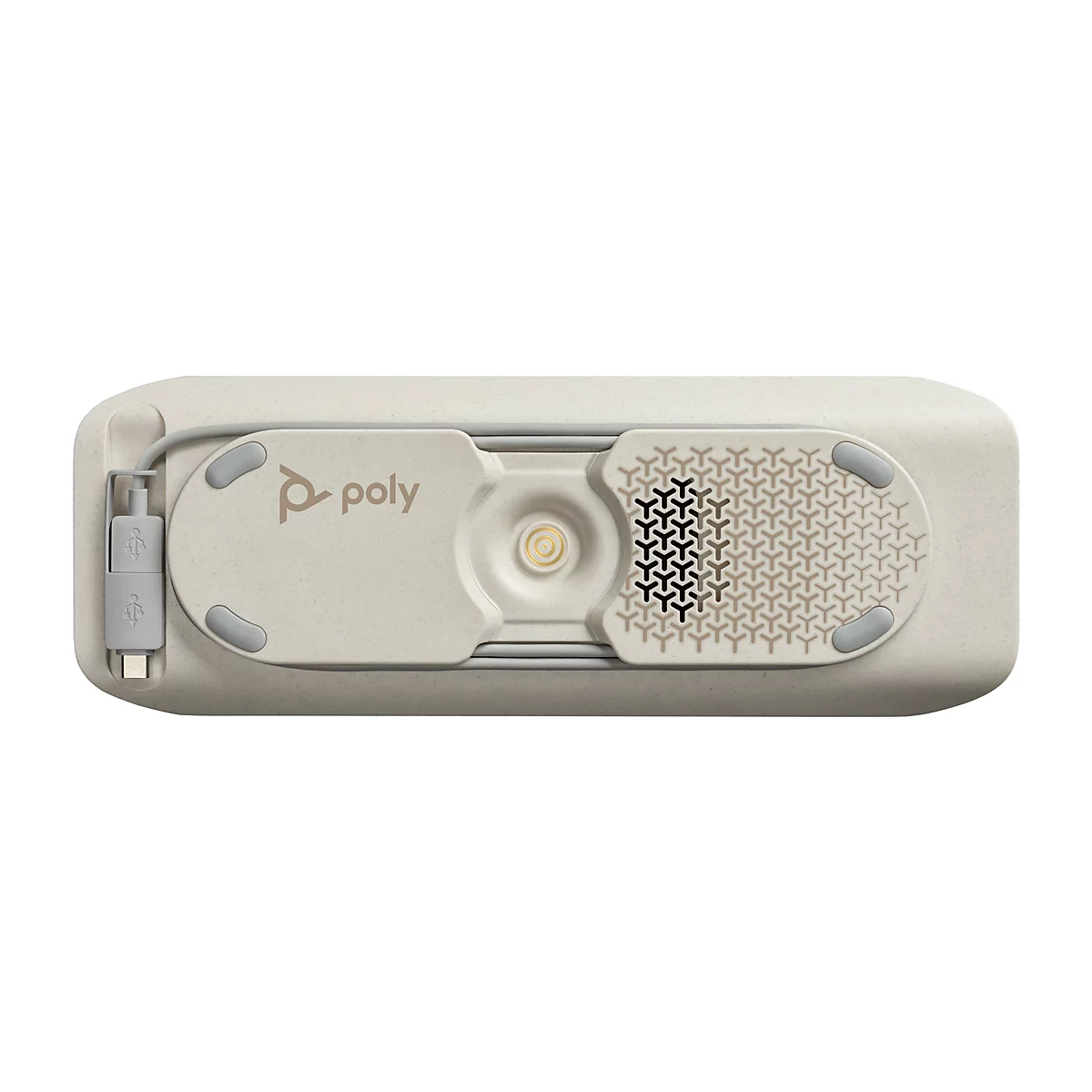 Von oben betrachteter, beigefarbener Poly-Audio-Adapter mit Logo und USB-Anschluss. Das Design weist geometrische Muster auf.