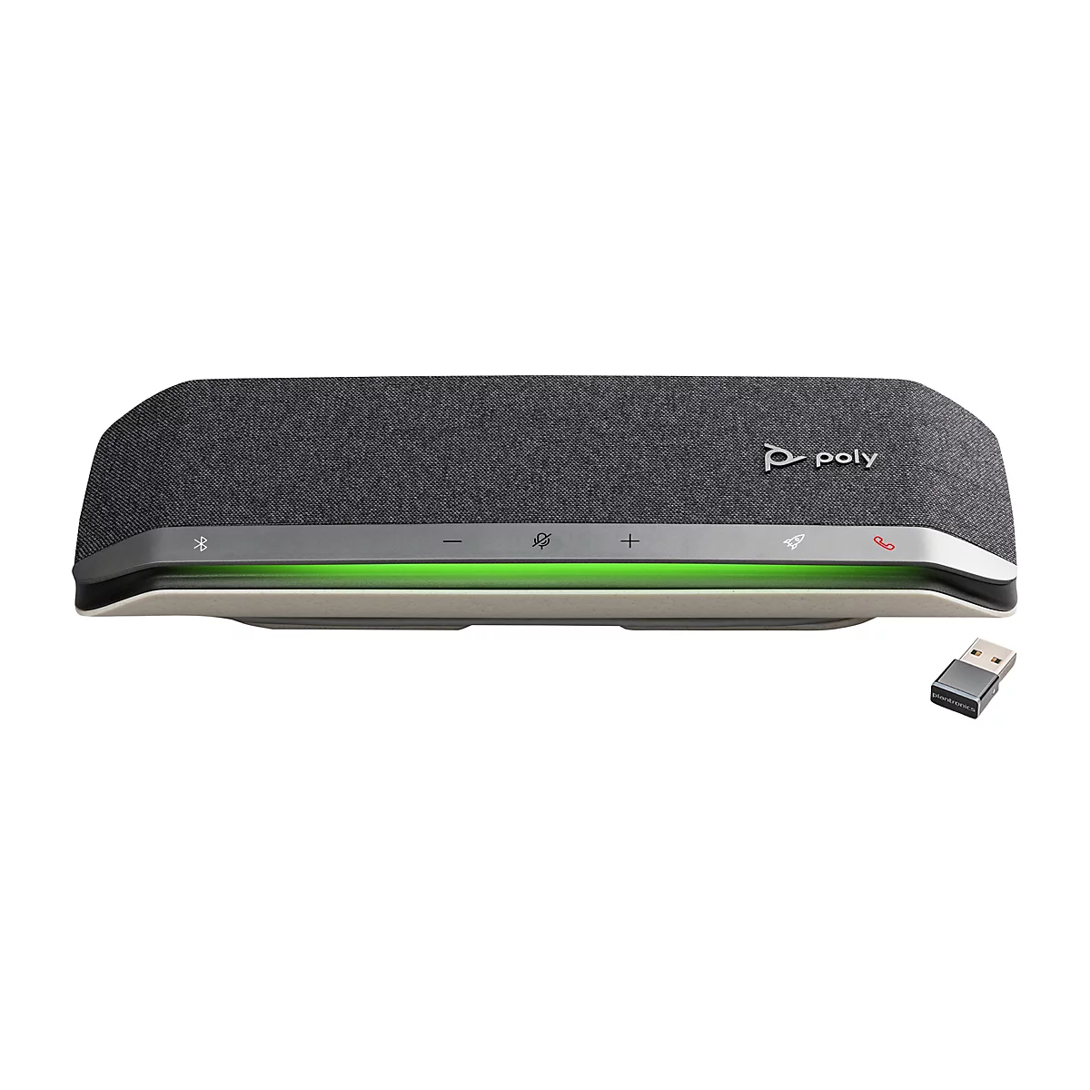 Ein schwarzer Konferenzlautsprecher mit grauen Details, darunter Lautstärke- und Mikrofon-Tasten, sowie ein USB-Dongle.