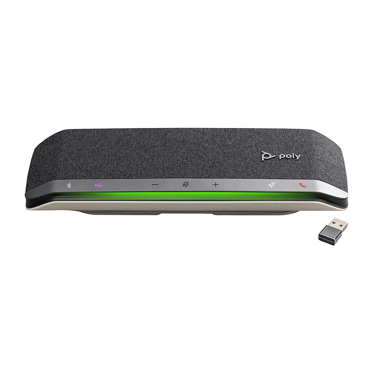 Graues Poly Lautsprecher Telefon mit grünem Licht, USB-Adapter.