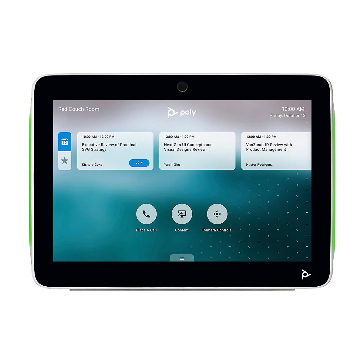 Ein schwarzes Poly-Touchscreen-Gerät zeigt einen Kalender und Meeting-Details. Grün umrandet. Auf dem Bildschirm sind Meeting-Informationen und Optionen für Anrufe, Inhalte und Kamerasteuerung abgebildet.