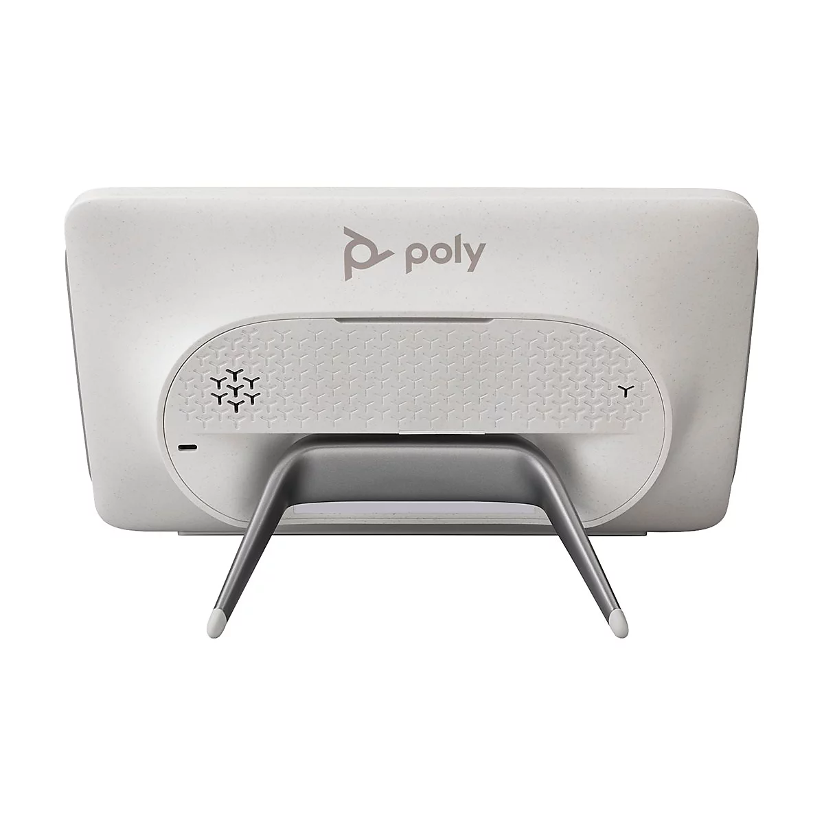Rückansicht eines weißen Poly-Geräts mit einem grauen Ständer. Unten befindet sich das Poly-Logo. Ein Lautsprecher ist im Design integriert.