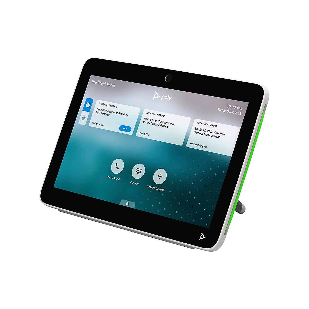 Ein Tablet mit grünem Rand zeigt einen Terminkalender. Auf dem Display sind Termine und eine Uhrzeit zu sehen. Unten Symbole für Anrufe und Inhalt.