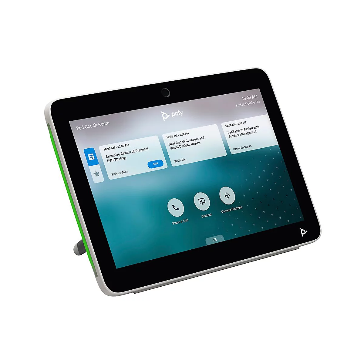 Ein schwarzes Tablet mit grünem Rahmen zeigt einen Bildschirm mit Meeting-Informationen. Es ist das Poly-Logo zu sehen.