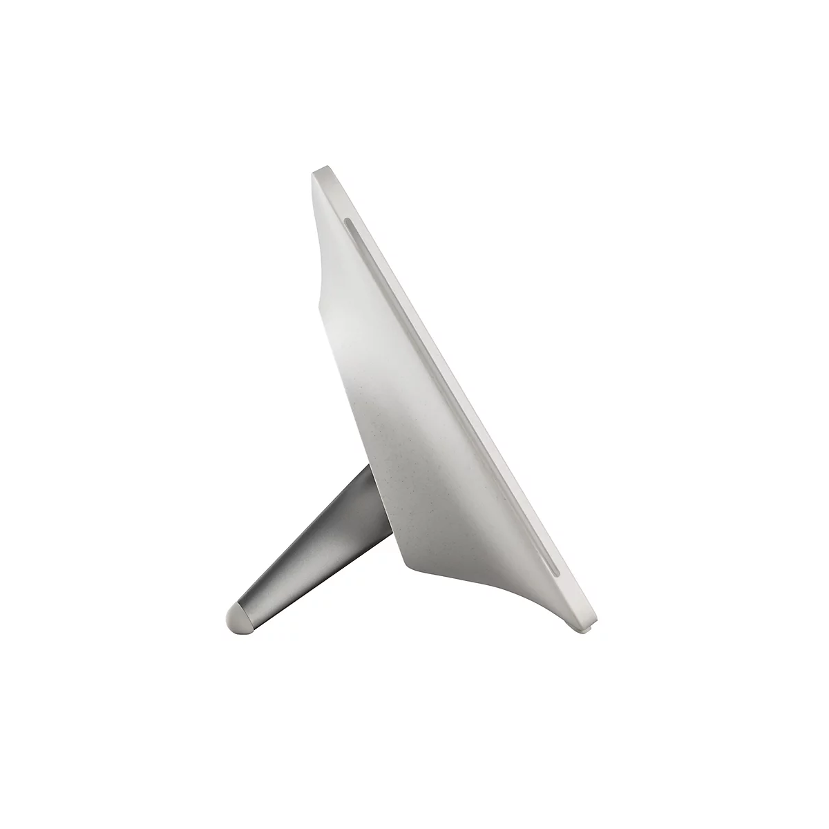 Écran de tablette, vu de côté, avec un support. L'écran est gris clair et le support est gris foncé. Le fond est blanc.