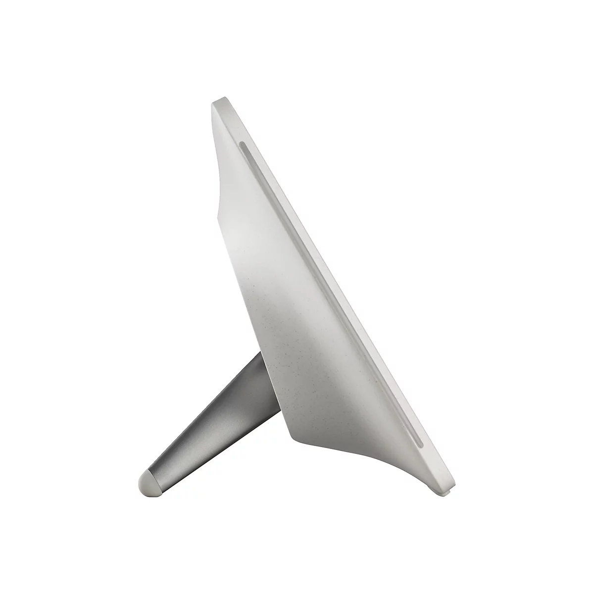 Moniteur gris clair avec support, vue latérale. Le moniteur a un cadre étroit et un support plus foncé.