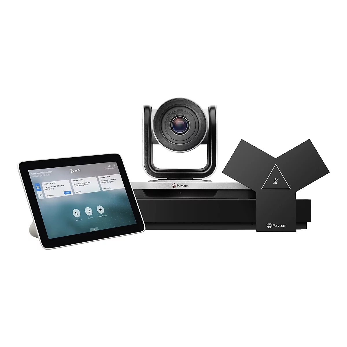 Videokonferenzanlage mit Tablet, Kamera und schwarzen Elementen. Auf dem Tablet sind Termine und Funktionen zu sehen.