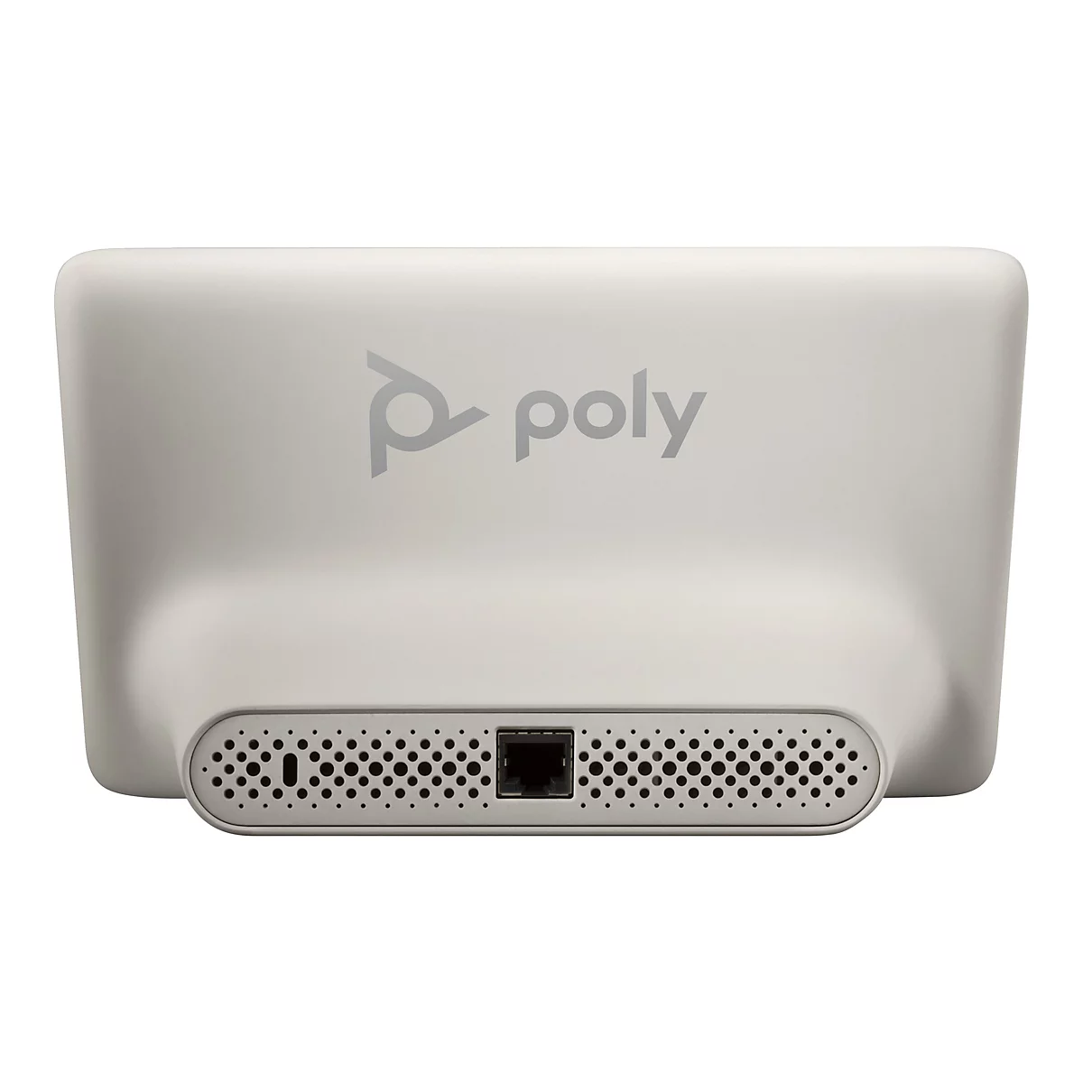 Rückansicht eines weißen Poly-Geräts mit Poly-Logo und "poly" in Grau. Unten befinden sich Lüftungsschlitze und eine Ethernet-Buchse.