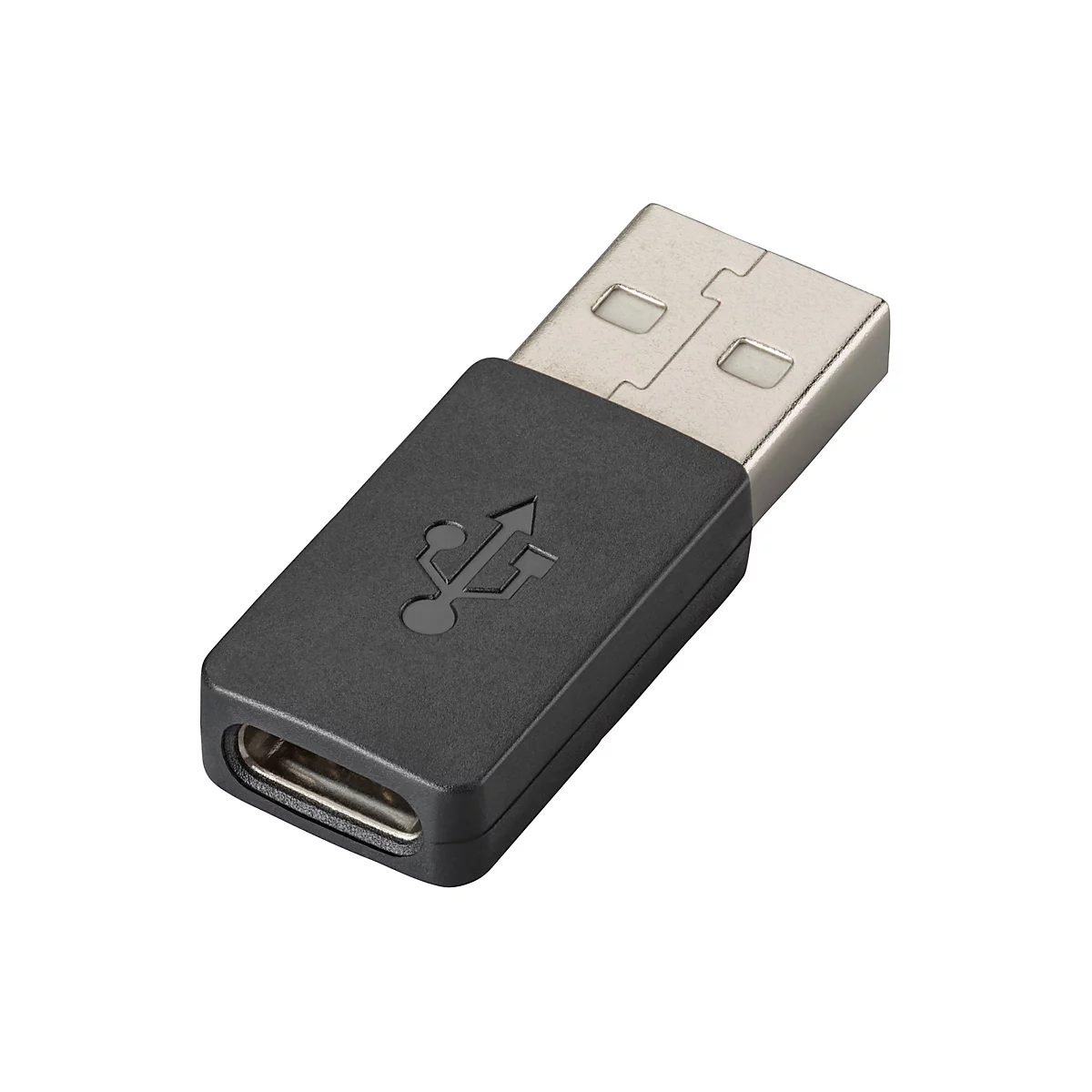 Un adaptateur USB-A vers USB-C. L'appareil est noir avec un connecteur USB-C et le logo USB.