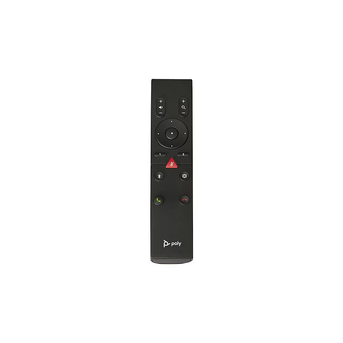 Télécommande noire avec boutons et le logo Poly. Contrôle du volume en haut, un pavé directionnel au milieu, deux boutons de téléphone en bas.