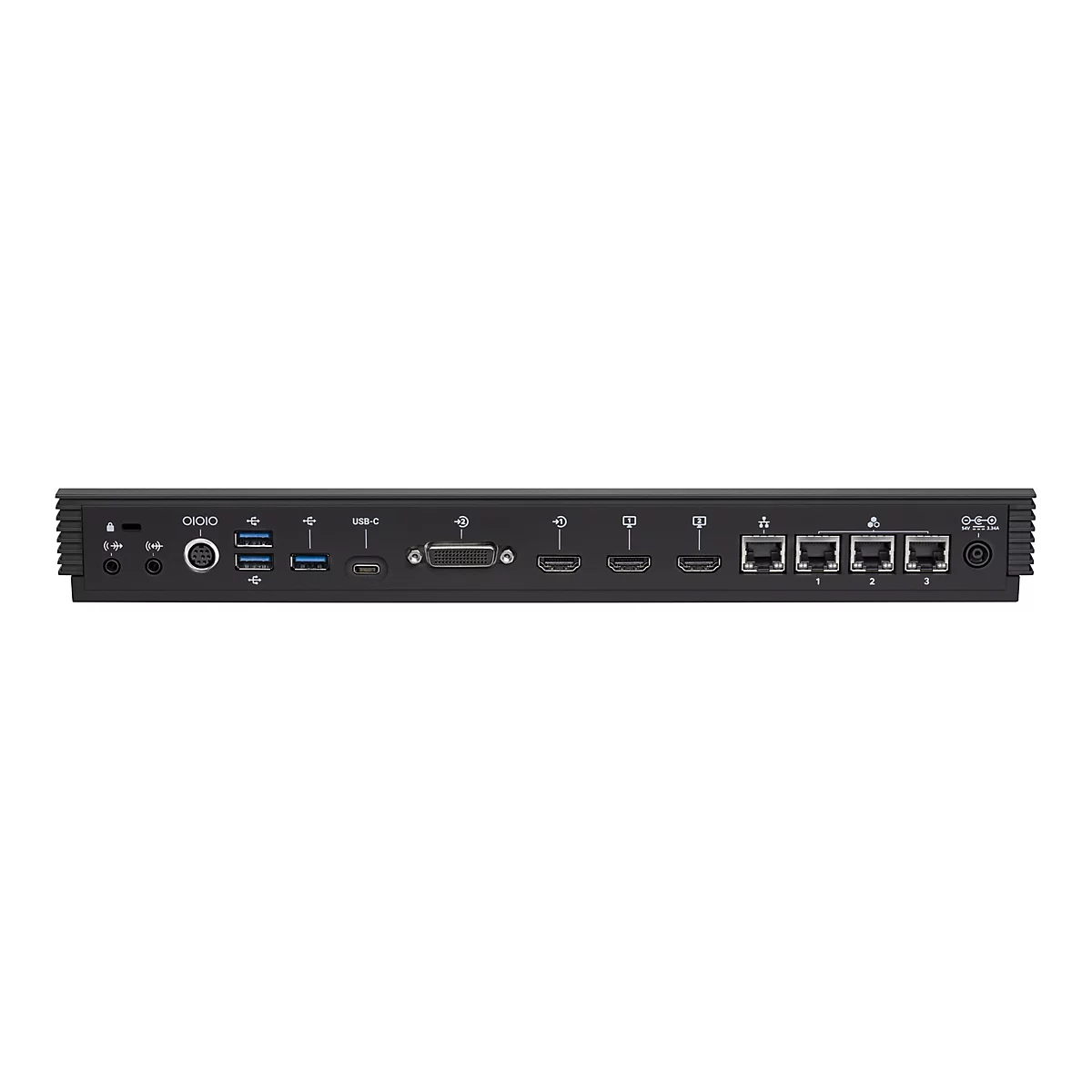 Schwarze Dockingstation mit verschiedenen AnschlÃ¼ssen, wie USB, HDMI, LAN. Hintergrund ist weiÃŸ.