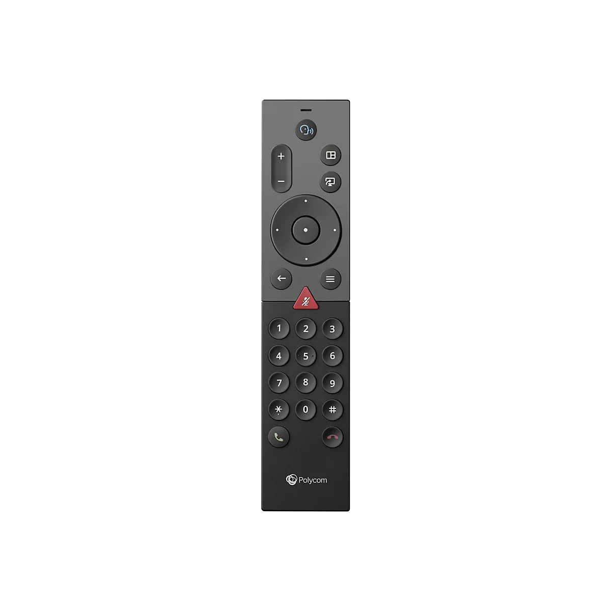Grauer Polycom Fernbedienung, verschiedene KnÃ¶pfe, rotes Dreieck.