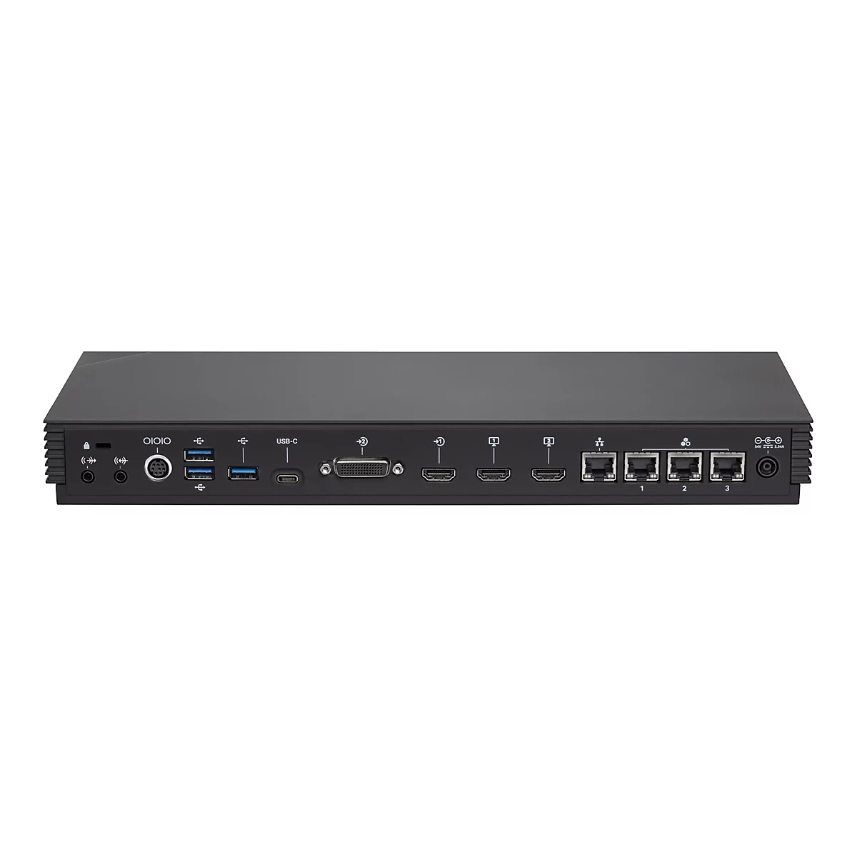 Gerät mit zahlreichen Anschlüssen, darunter USB-C, HDMI und Ethernet. Schwarzes Gehäuse, auf hellem Hintergrund.