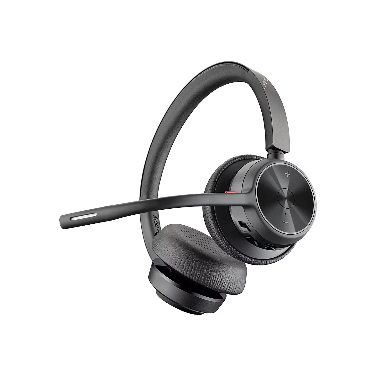 Drahtloses Headset in Grau, schwarzer Mikrofonarm, Knöpfe mit Plus- und Minuszeichen.