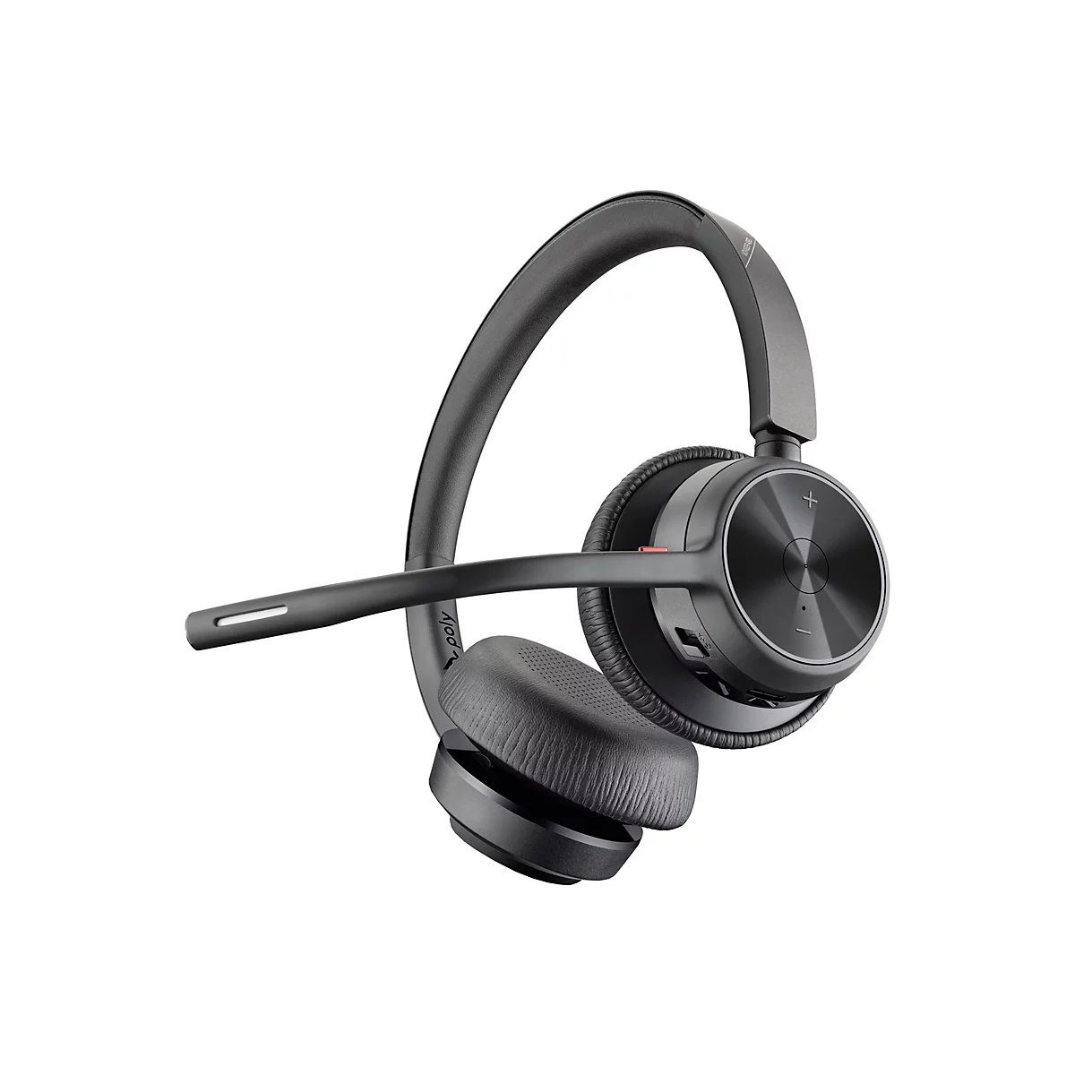 Drahtloses Headset in Grau mit Mikrofon und gepolsterten Ohrmuscheln. Auf der rechten Ohrmuschel sind Tasten und ein Bedienfeld angebracht.
