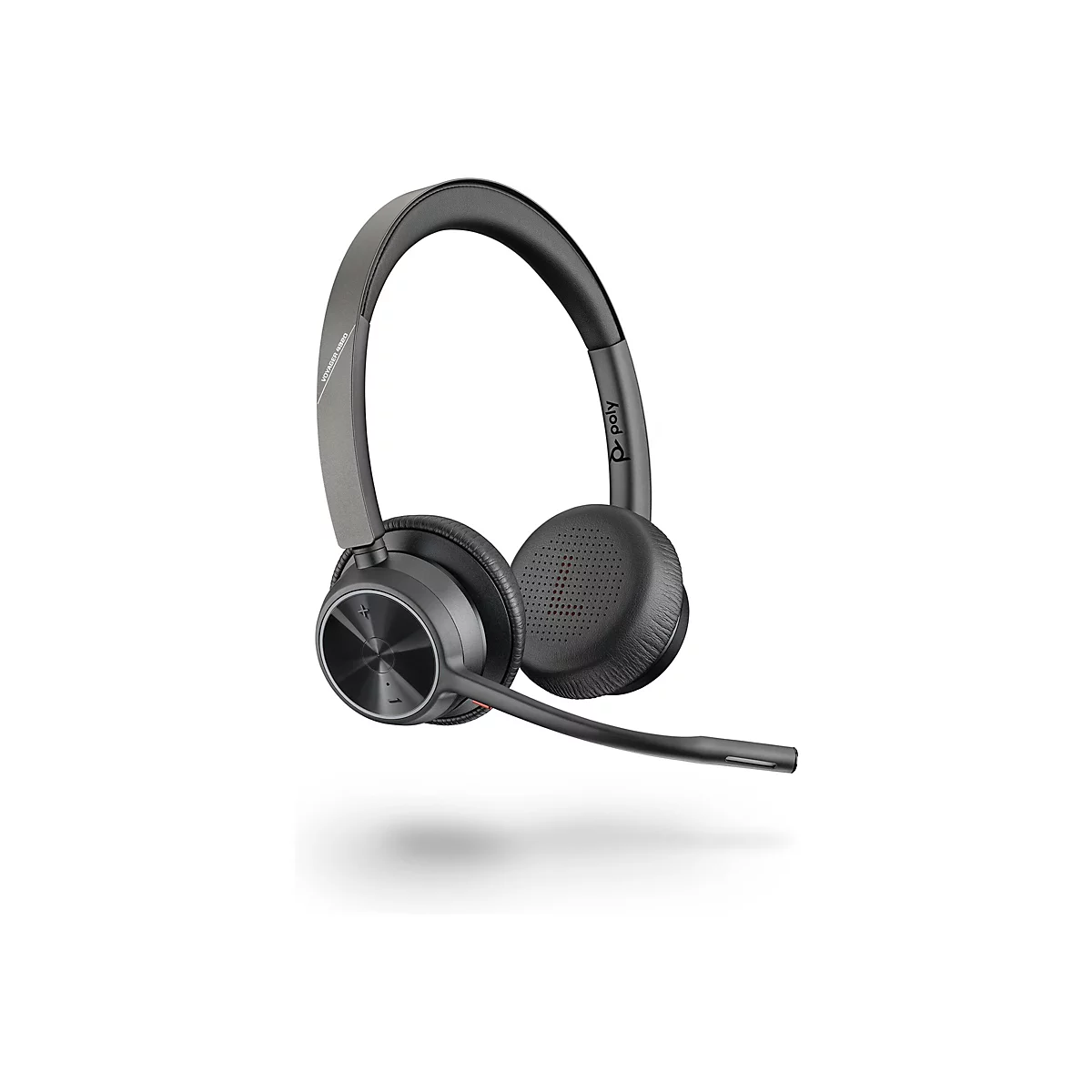 Drahtloses Headset auf weißem Grund. Graue Ohrmuscheln, Bügel und Mikrofonarm. Die Marke Poly ist sichtbar.