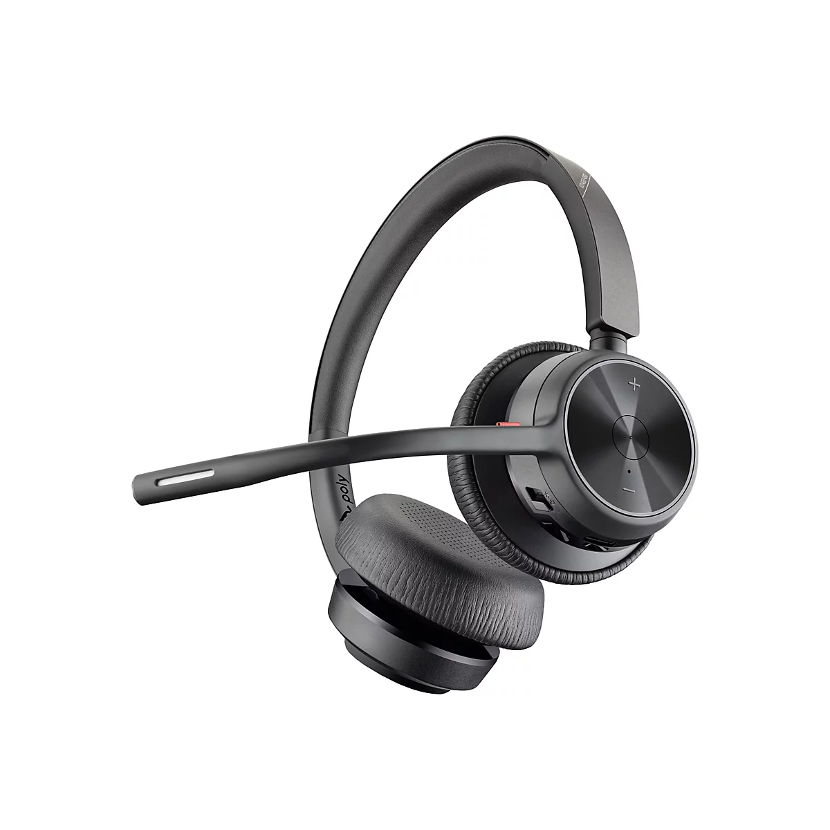 Drahtloses Headset in Grau, mit Mikrofon und Ohrpolster, vor weißem Hintergrund.