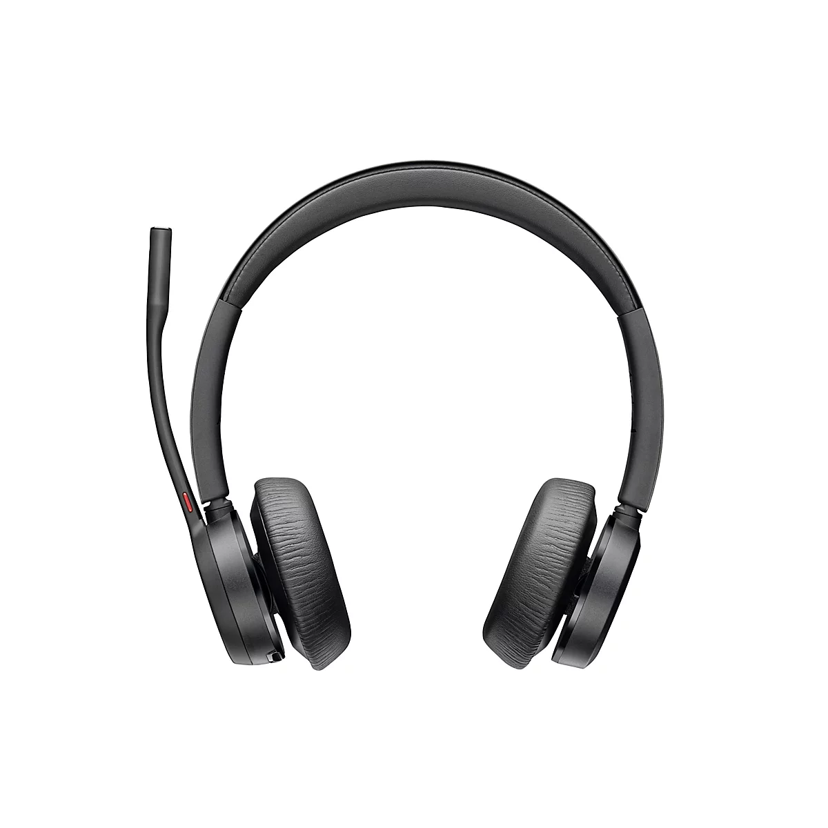 Schwarzes Headset mit Ohrmuscheln und Mikrofon, vor weißem Hintergrund. Am Mikrofon ist ein roter Akzent.