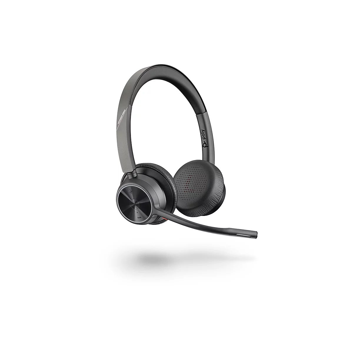 Drahtloses Headset auf weißem Hintergrund, dunkelgrau, mit Mikrofonarm und der Aufschrift "Voyager 4320".