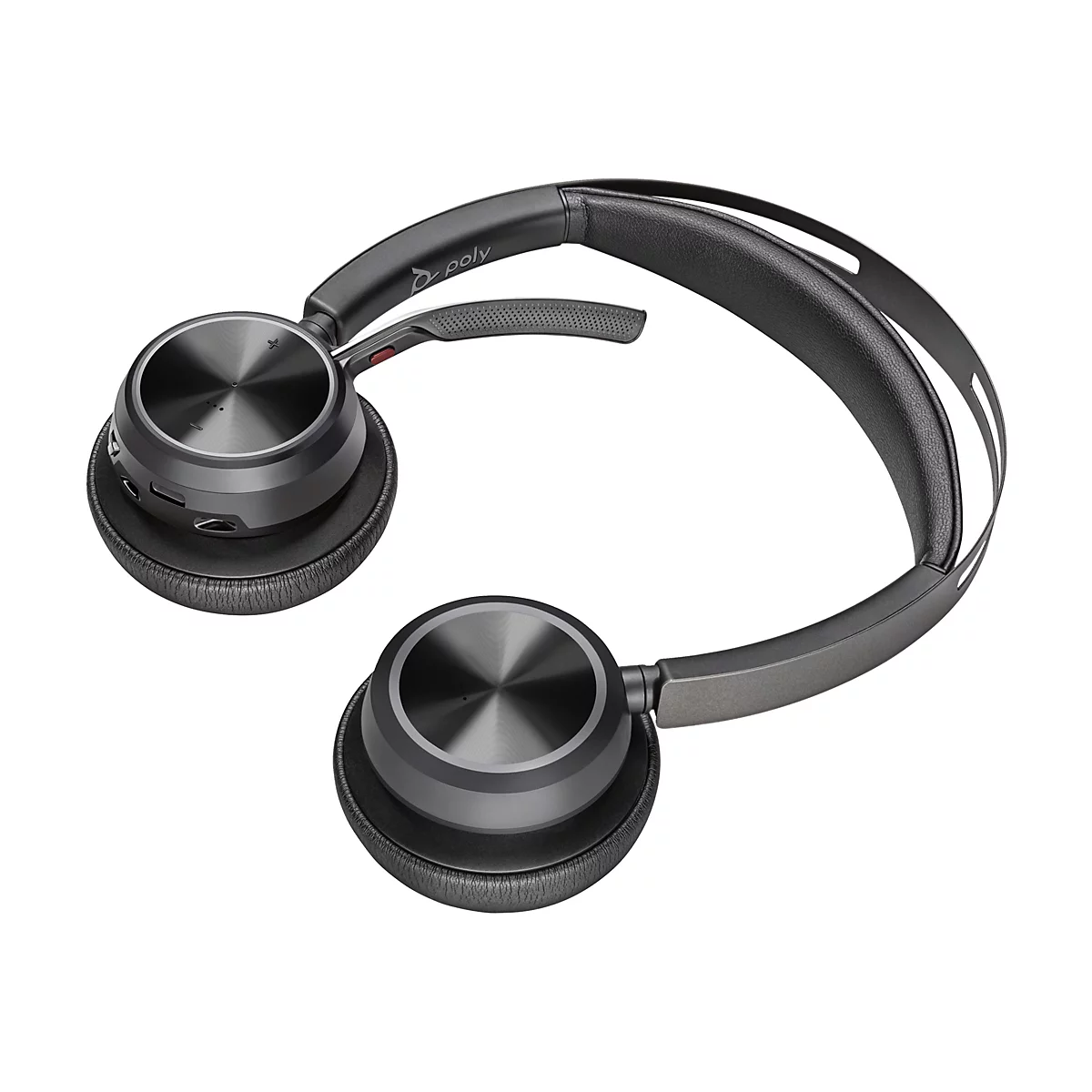 Drahtlose schwarze Kopfhörer der Marke Poly. Der Kopfbügel und die Ohrpolster sind schwarz. Die Ohrmuscheln sind metallisch und haben Knöpfe und Anschlüsse.