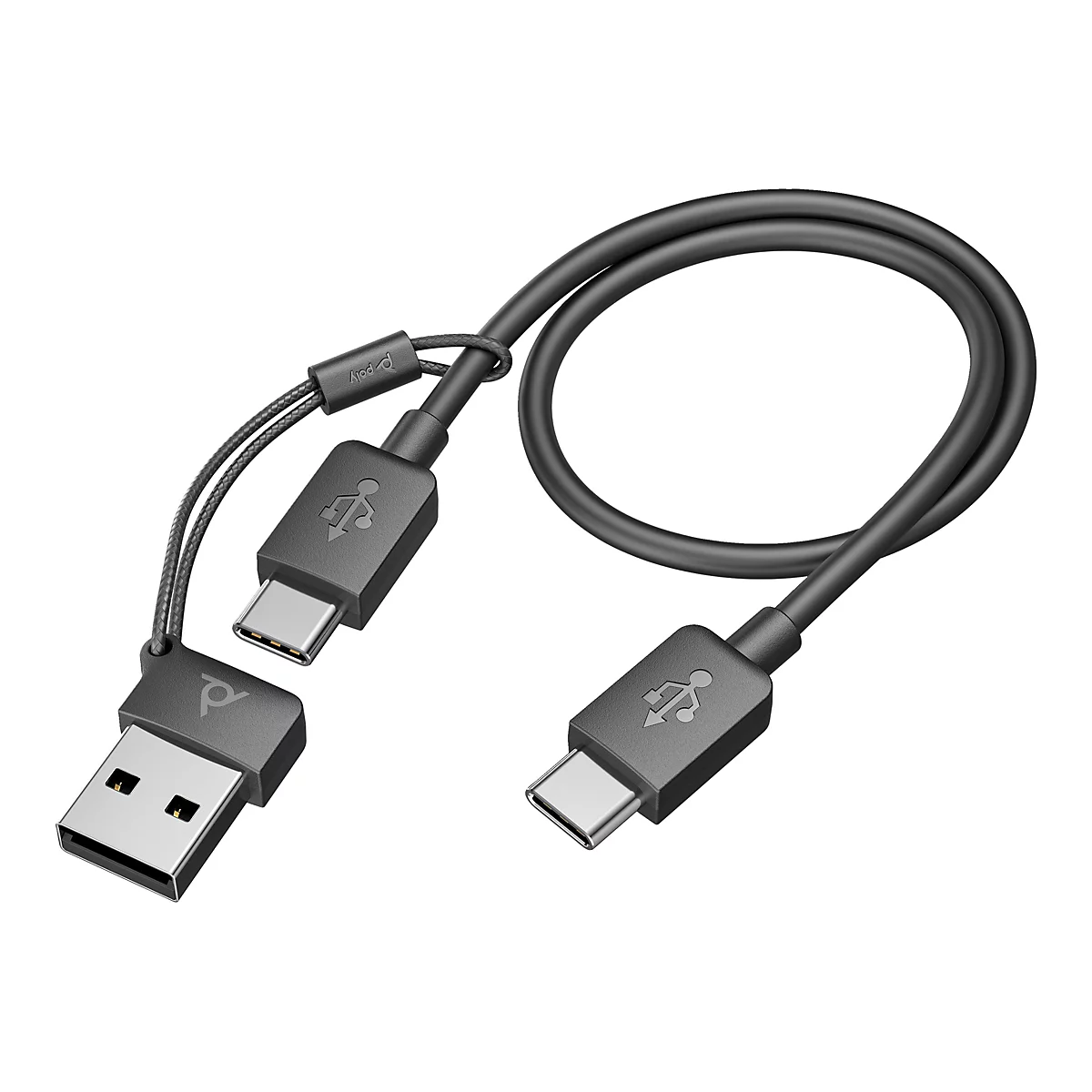 Schwarzes USB-Kabel mit USB-A und USB-C Anschlüssen. Das Kabel hat das Poly Logo.