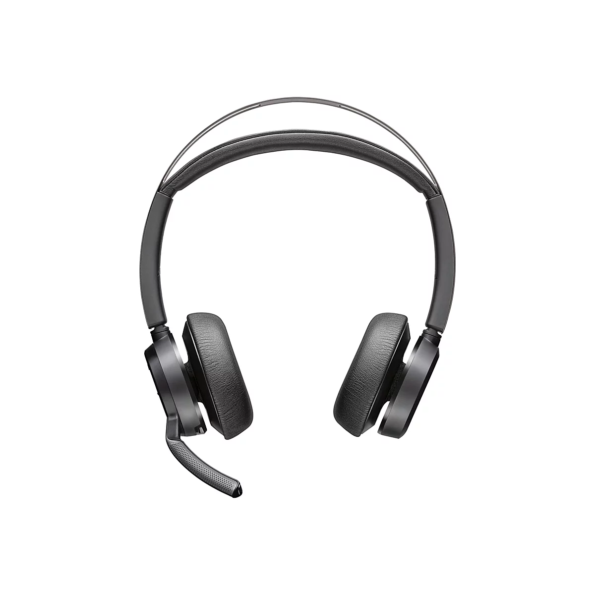 Schwarzer Over-Ear-Kopfhörer mit Mikrofon, Detailansicht, vor weißem Hintergrund.