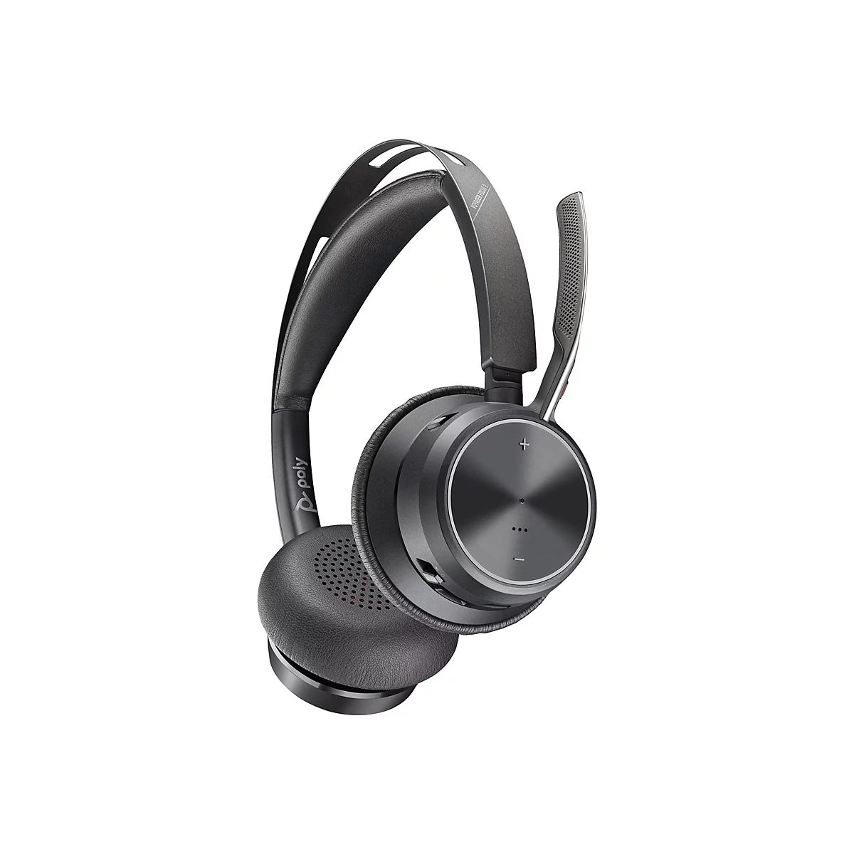Drahtloses, schwarzes Headset mit Mikrofon. Das Headset liegt auf weiÃŸem Hintergrund.