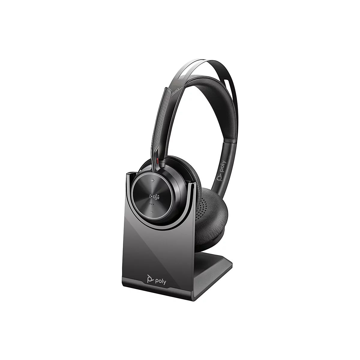 Drahtloses Headset mit Ladestation, schwarz. Mit Logo "poly" und der Aufschrift "Focus 2".