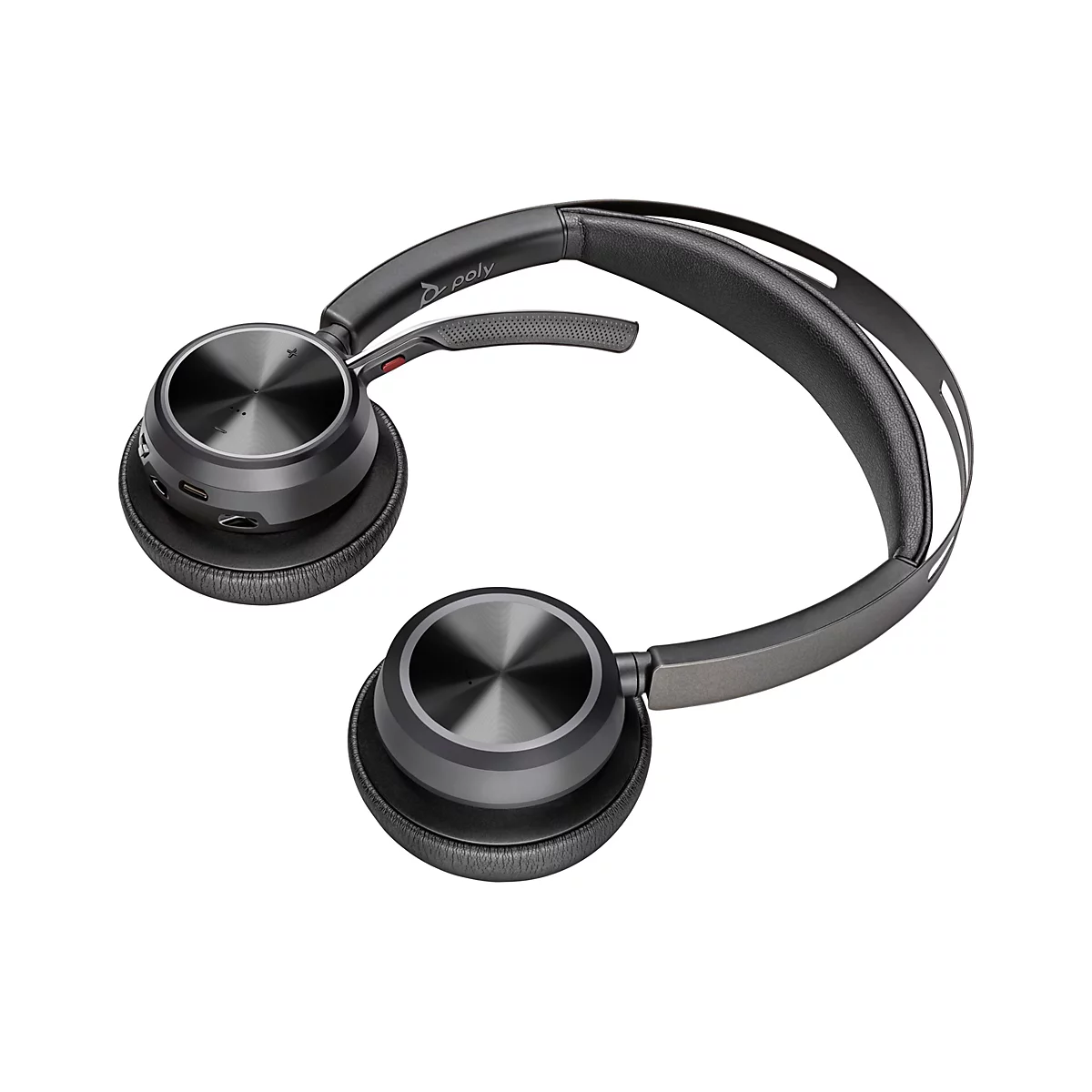 Drahtloses Headset in Grau mit Ohrmuscheln, die ein radiales Muster aufweisen. Logo von Poly.