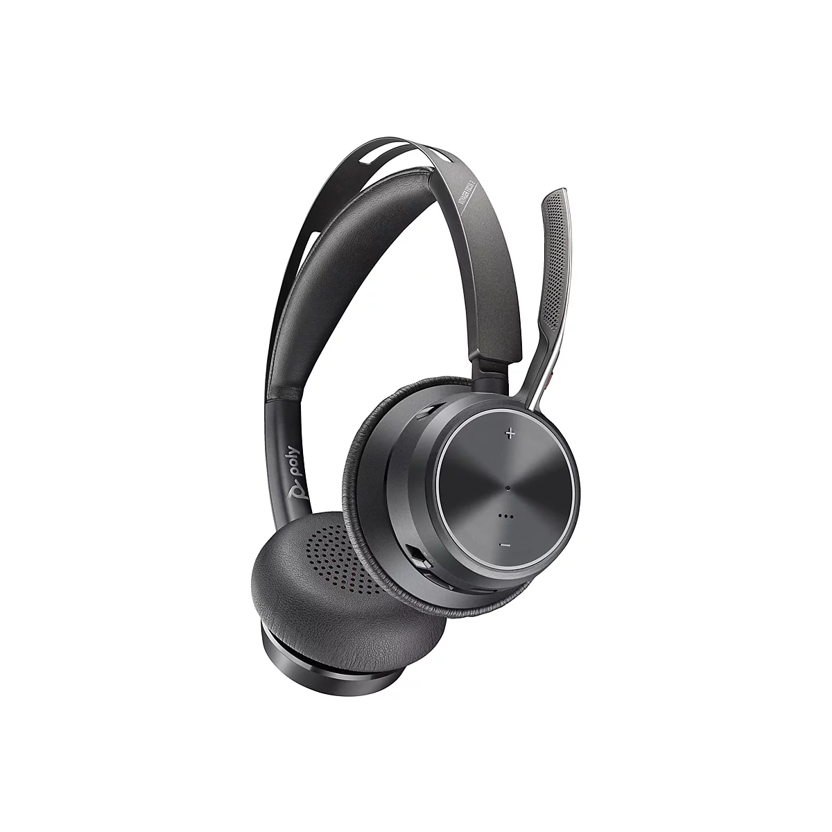 Drahtloses Headset in Grau mit Bügel, Ohrmuschel und Mikrofon. Auf der Ohrmuschel befinden sich Tasten.