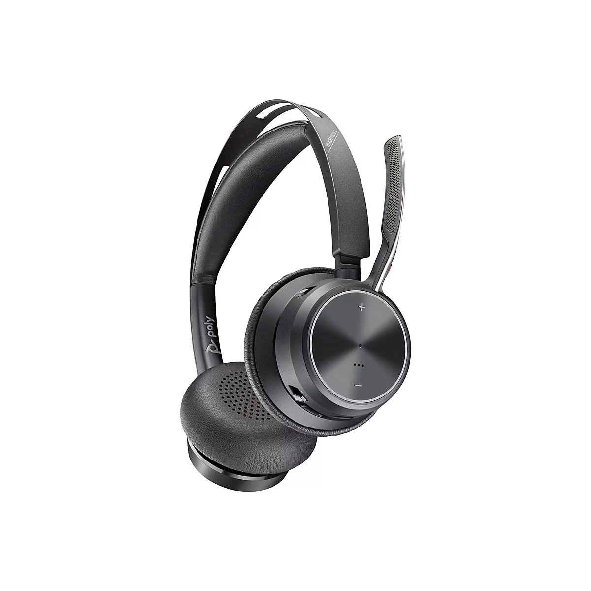 Draufsicht auf ein schwarzes Headset mit Mikrofon auf weißem Hintergrund. Das Headset hat ein futuristisches Design mit gepolsterten Ohrmuscheln und einem verstellbaren Bügel.