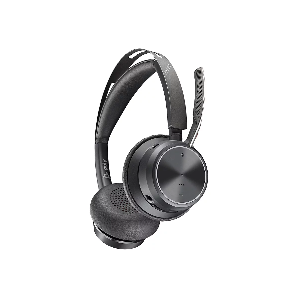 Dunkelgraues Headset, Detailaufnahme. Ovale Ohrmuschel, Mikrofon am Bügel, silberfarbene Bedienelemente.