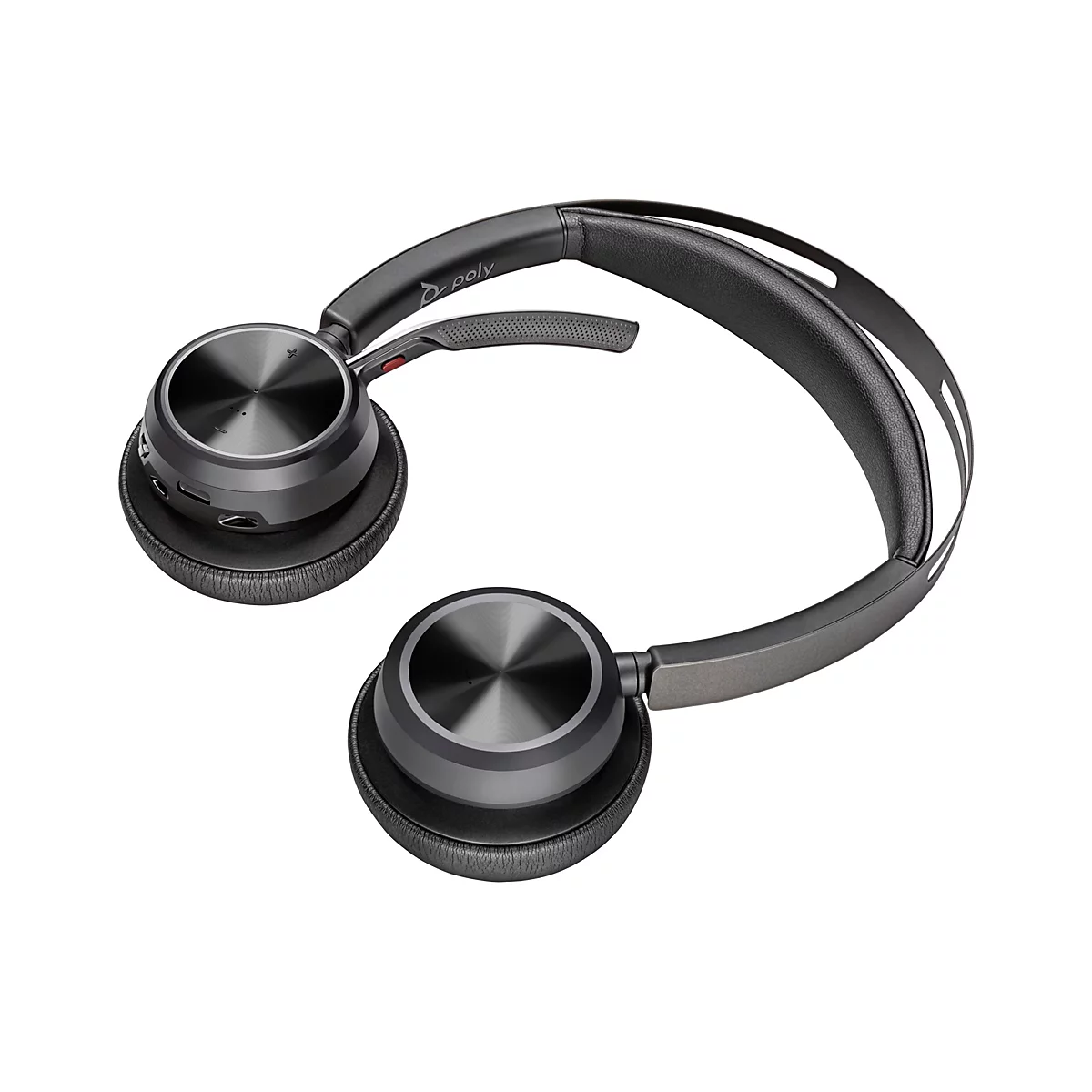Draufsicht auf ein drahtloses schwarzes Headset. Das Headset liegt vor weißem Hintergrund. Der Kopfbügel ist mit gepolstertem, schwarzem Leder versehen. Das Logo "Poly" ist auf dem Bügel zu sehen.