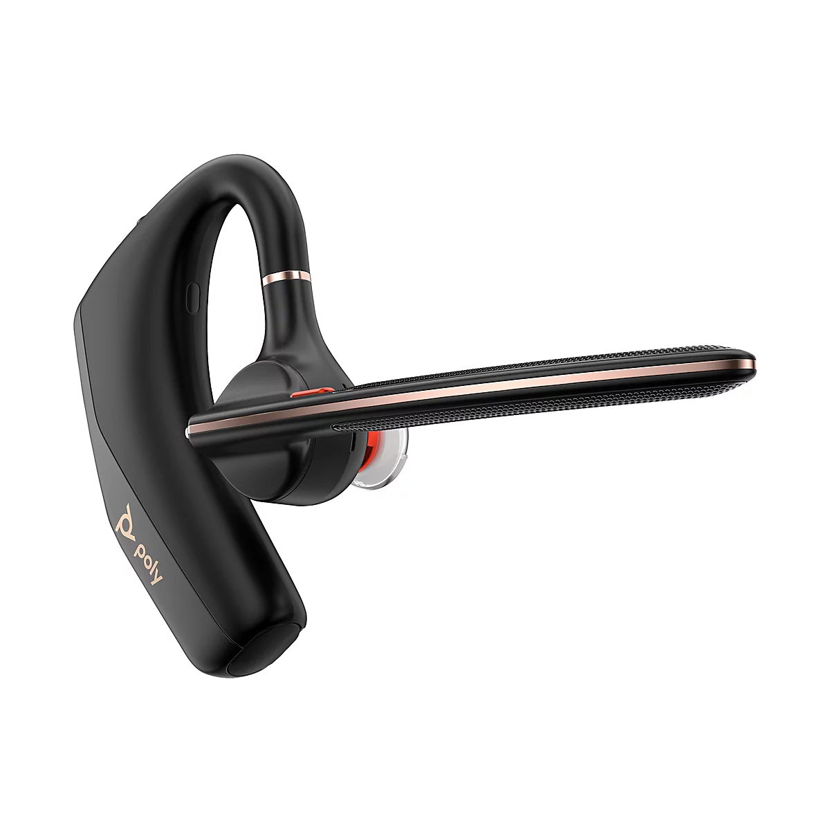 Schwarzes Bluetooth-Headset mit roségoldenen Akzenten. Auf weißem Hintergrund.
