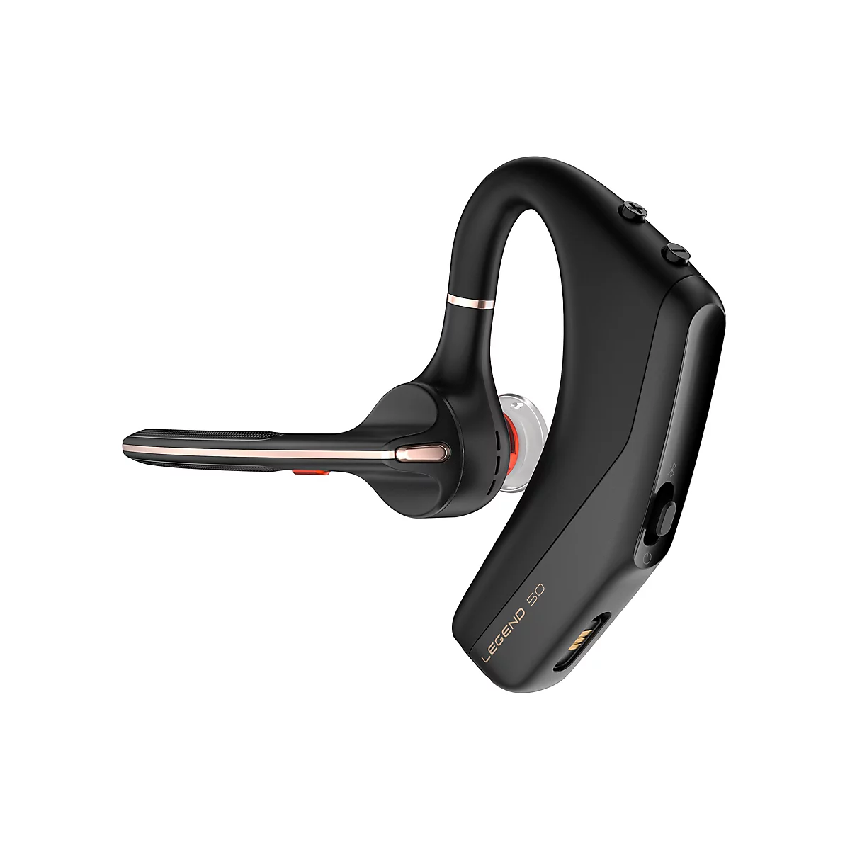 Schwarzes Bluetooth-Headset mit Goldakzenten. Aufschrift 'LEGEND 50'.